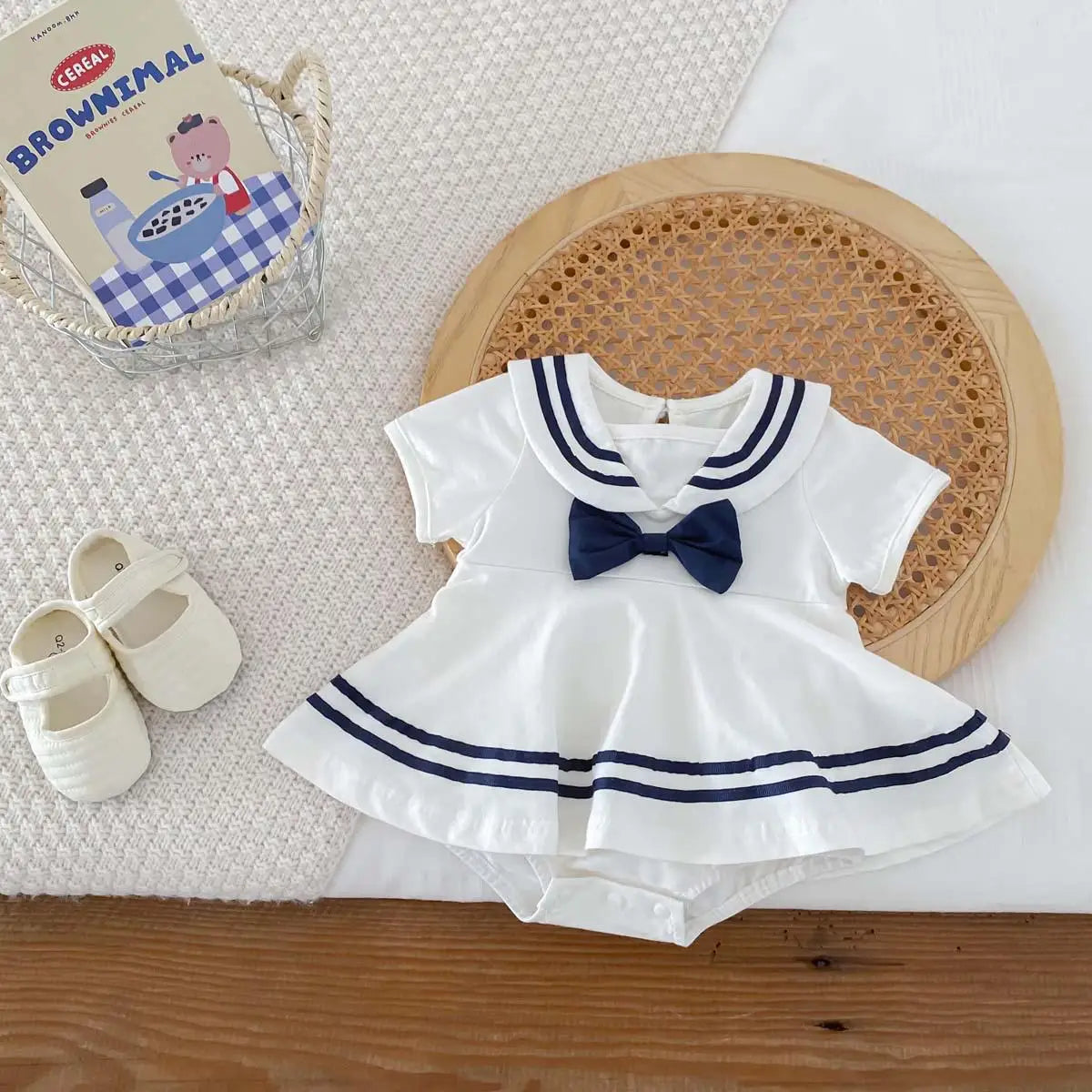 半袖ロンパース White / 6M  66CM ベビーロンパース 半袖ボディスーツ セーラー服 ワンピース【mh0006270】