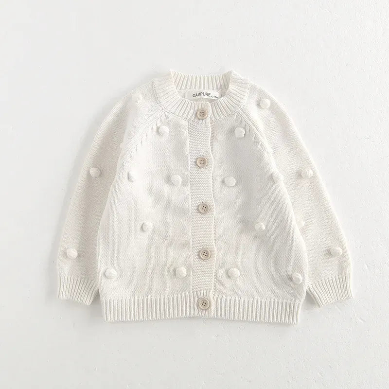 カーディガン・パーカー White / 70cm 6-12M キッズカーディガン ぽんぽん水玉長袖ニットジャケット【mh0008802】