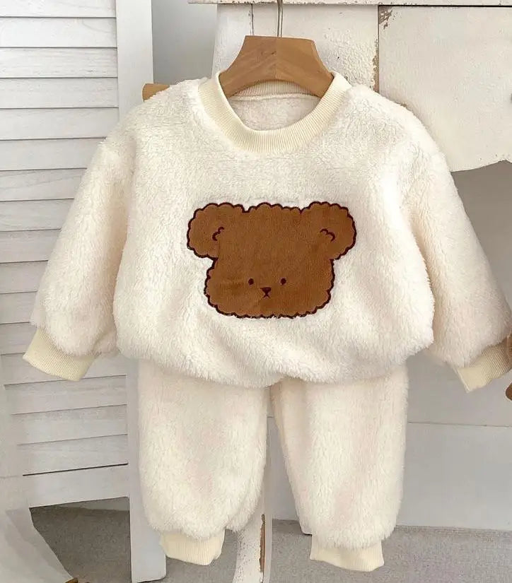 長袖セットアップ white / 73cm ベビーセットアップ 2点セット フリーススウェット クマベア刺繍 トップス パンツ ホワイト ブラウン 2カラー ユニセックス 男の子 女の子 子供服