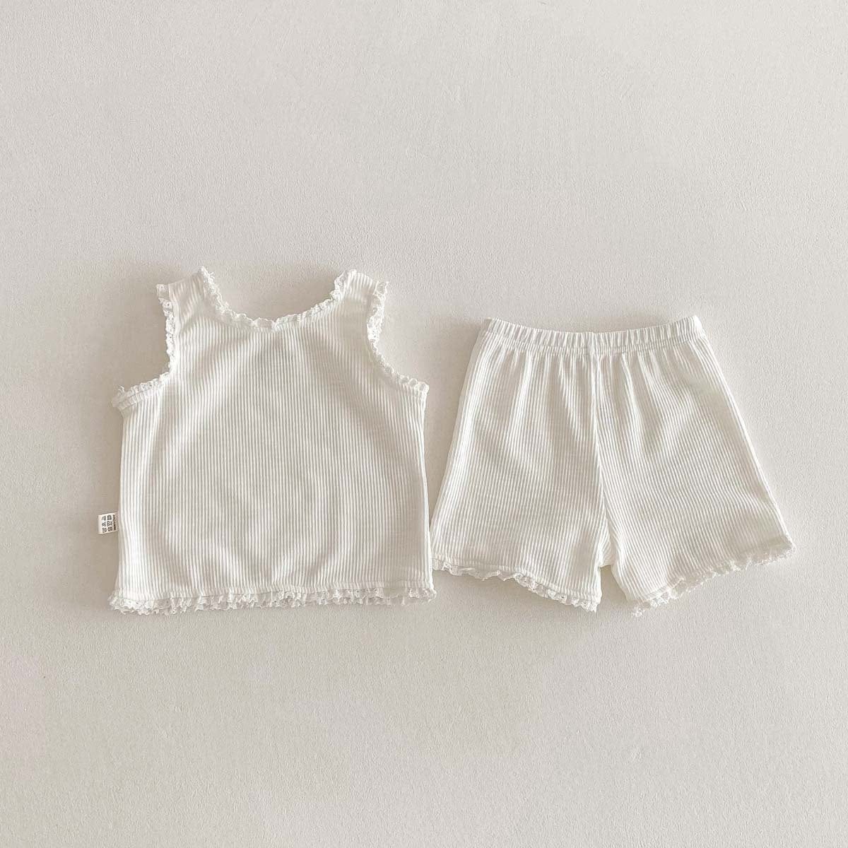 ノースリーブセットアップ White / 73cm リボンフリルタンクトップ+ショートパンツセットアップ 2点セット【mh0010339】