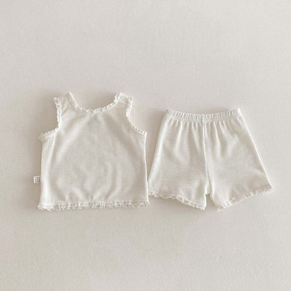 ノースリーブセットアップ White / 73cm リボンフリルタンクトップ+ショートパンツセットアップ 2点セット【mh0010339】