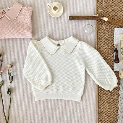 長袖シャツ・ブラウス White / 73cm 6-9m ベビーキッズトップス 長袖ニットブラウス 襟付きTシャツ パフスリーブ 2カラー
