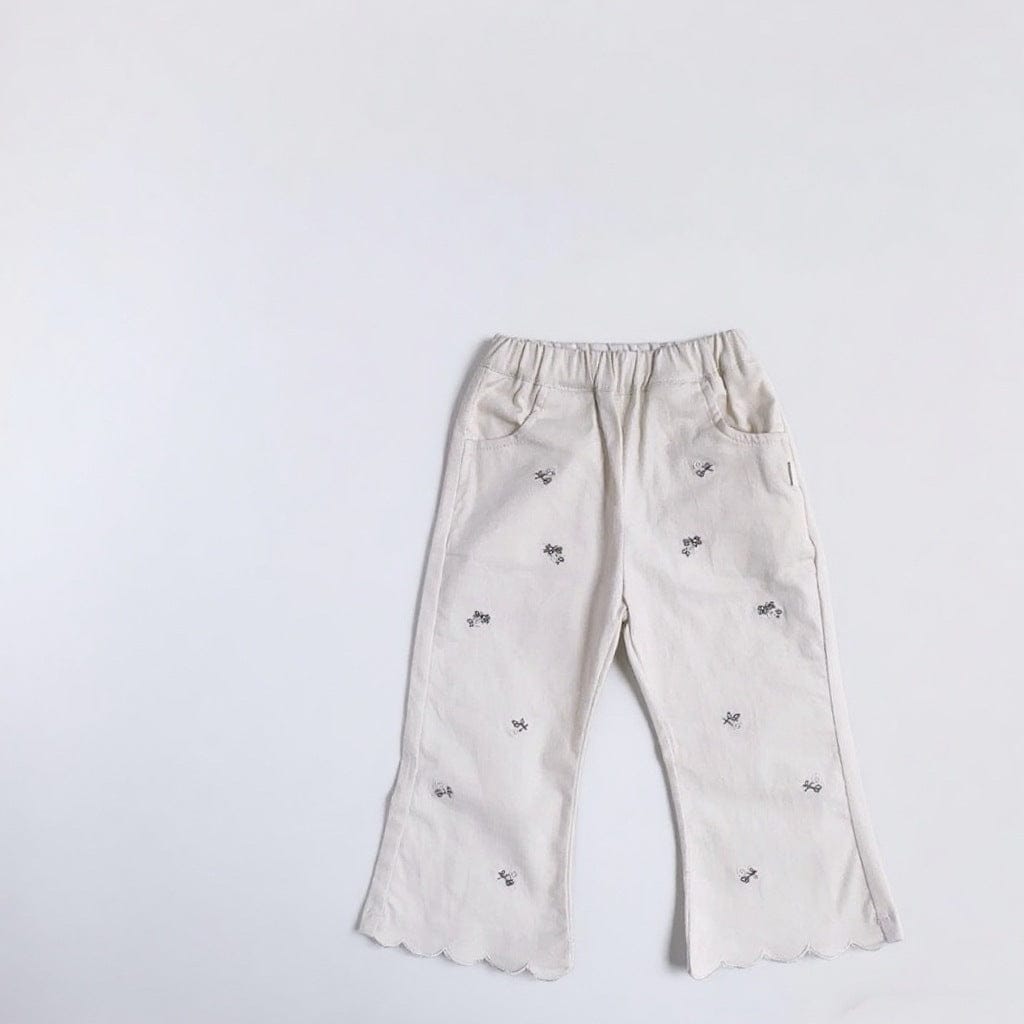 ロングパンツ・スウェットパンツ White / 73cm フラワー刺繍裾メロウフレアパンツ ワイドパンツ【mh0011018】