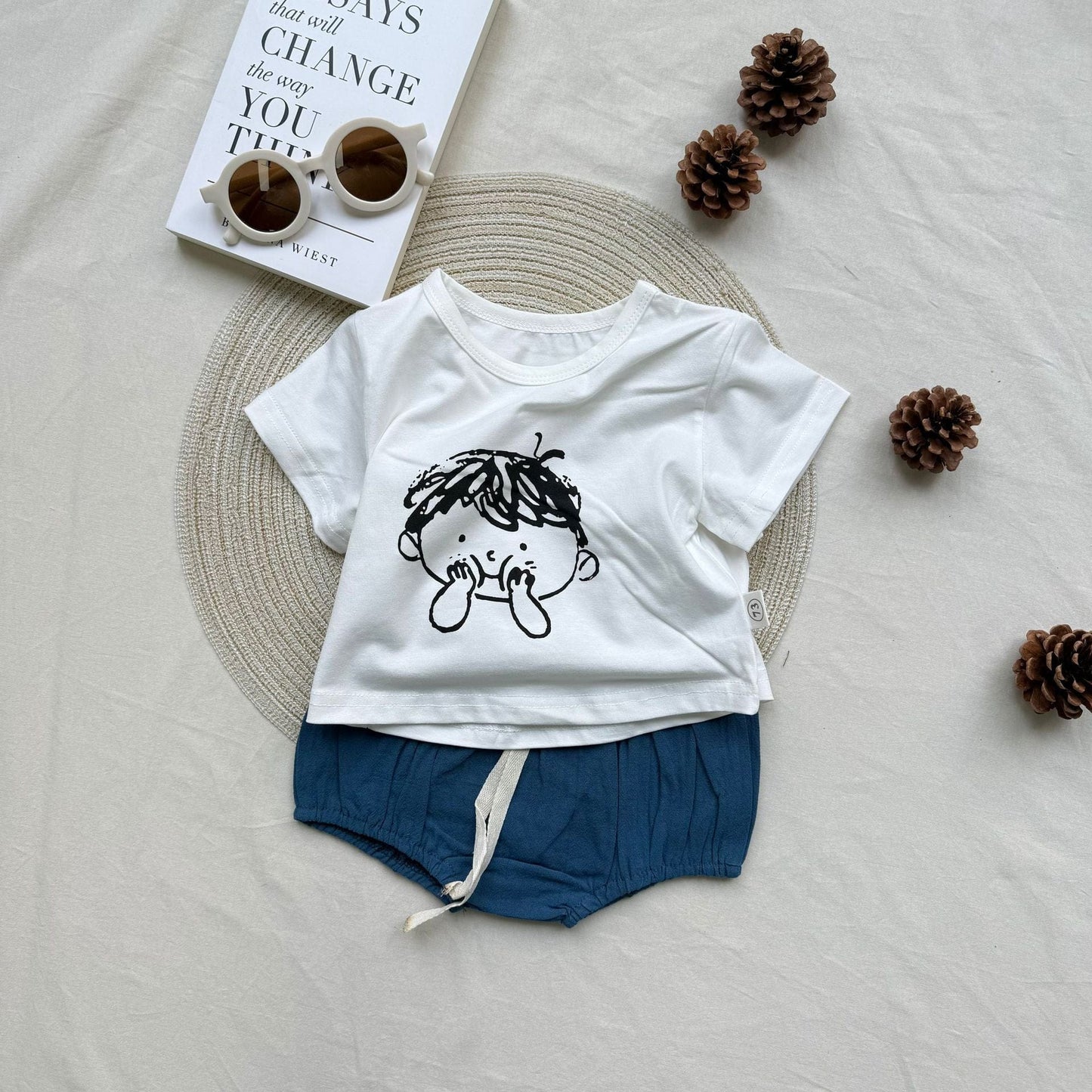 半袖セットアップ White / 73cm print short sleeve T-shirt + shorts suit【mh0009532】