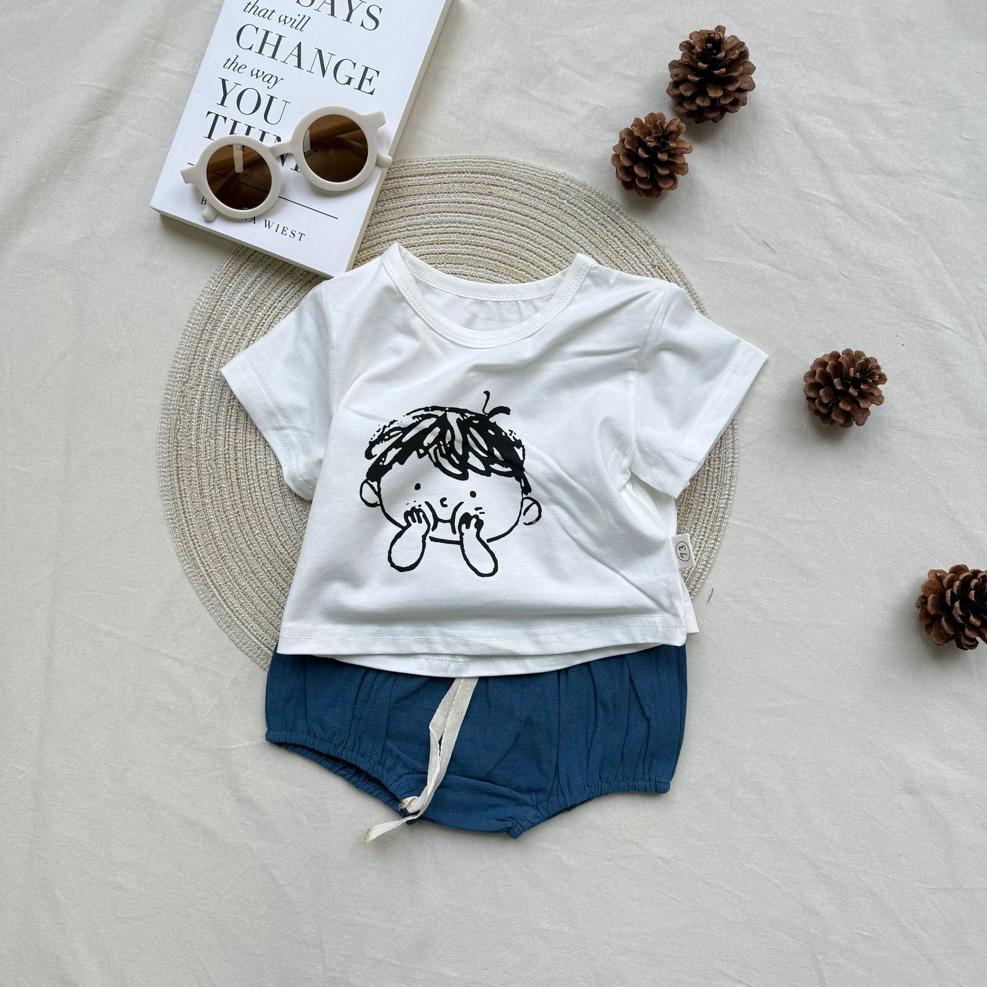 半袖セットアップ White / 73cm print short sleeve T-shirt + shorts suit【mh0009532】