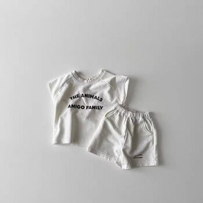 ノースリーブセットアップ White / 73cm レターロゴノースリーブTシャツ+ショートパンツセットアップ 2点セット【mh0010408】