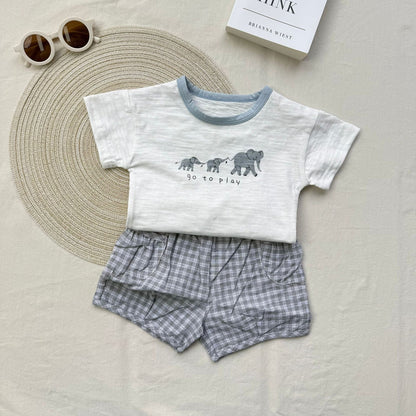 半袖セットアップ White / 73cm 象プリント半袖Tシャツ+チェックショートパンツセットアップ 2点セット【mh0010418】