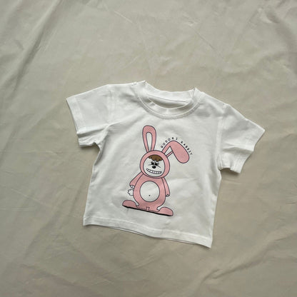 半袖セットアップ white / 73cm うさぎバニープリント半袖Tシャツ/デニムショートパンツ【mh0009446】