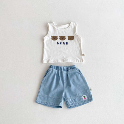 ノースリーブセットアップ White / 80cm ベアくまプリントタンクトップ+ショートパンツセットアップ 2点セット【mh0010319】