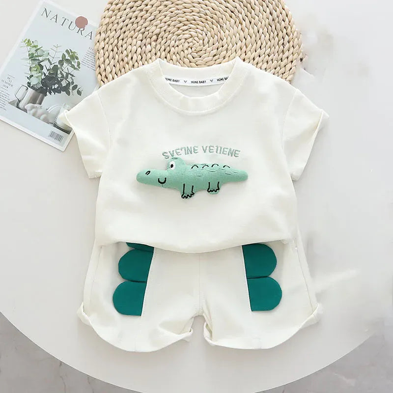 半袖セットアップ White / 80cm キッズセットアップ 2点セット 半袖Tシャツ+ショートパンツ 恐竜ワニ 2カラー【mh0005487】