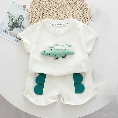 半袖セットアップ White / 80cm キッズセットアップ 2点セット 半袖Tシャツ+ショートパンツ 恐竜ワニ 2カラー【mh0005487】