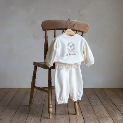 長袖セットアップ White / 80cm 9-12M キッズセットアップ 2点セット プリントスウェットシャツ+レースペプラムスウェットパンツ 2カラー【mh0007308】