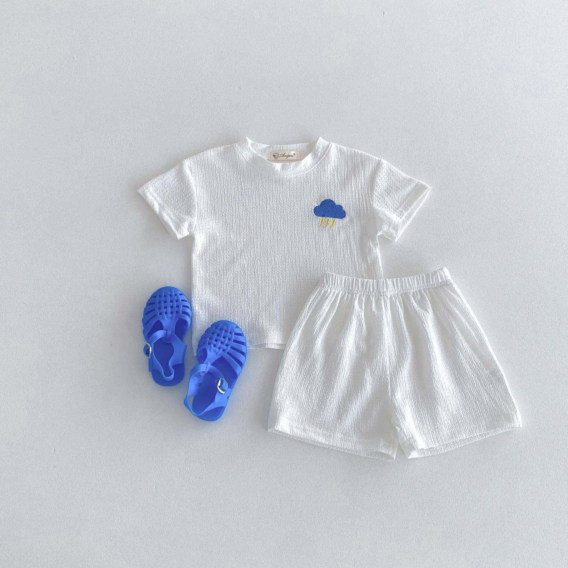 半袖セットアップ white / 80cm 9-12m キッズセットアップ 2点セット 半袖Tシャツ+ショートパンツ 太陽/雲/月 ワンポイント刺繍 3カラー