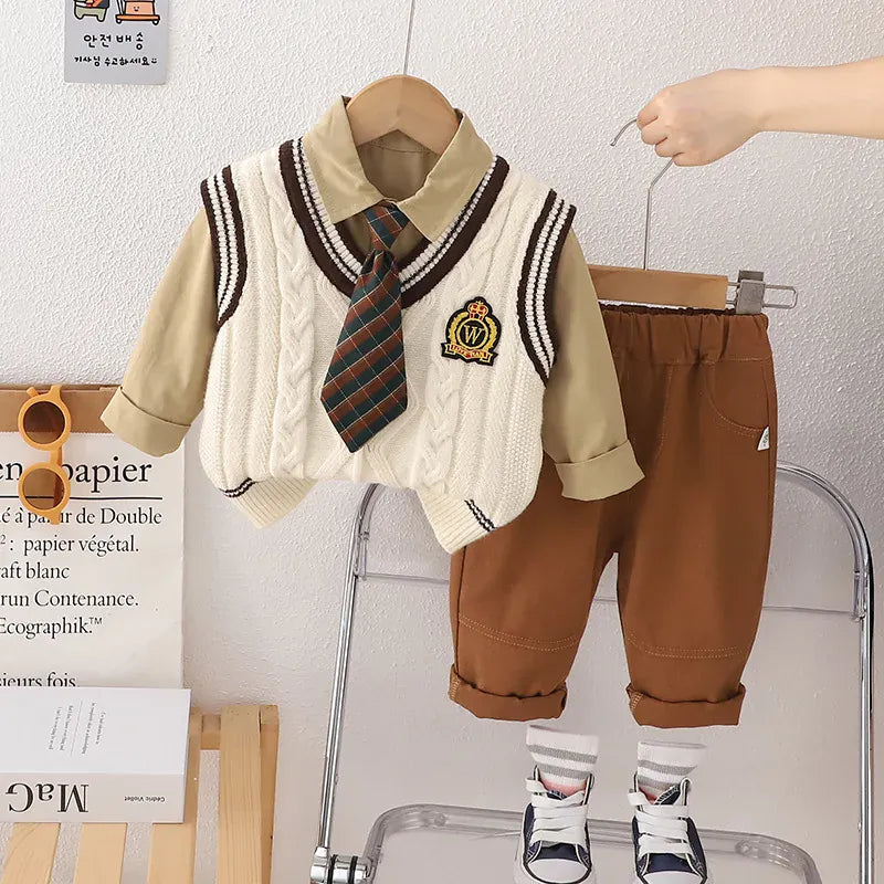 長袖セットアップ White / 80cm 9-12M キッズセットアップ 4点セット ネクタイ付き長袖シャツ+ニットベスト+ロングパンツ スクールスタイルプレッピースーツ 2カラー【mh0007551】