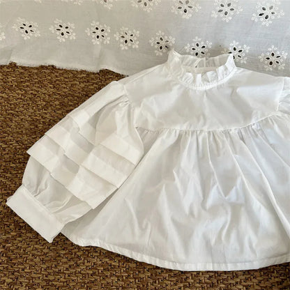 長袖シャツ・ブラウス White / 80cm 9-12m / 取り寄せ（7〜35日） キッズトップス 長袖パフスリーブ チュニックブラウス スタンドフリルカラー ブルー/ホワイト/2カラー