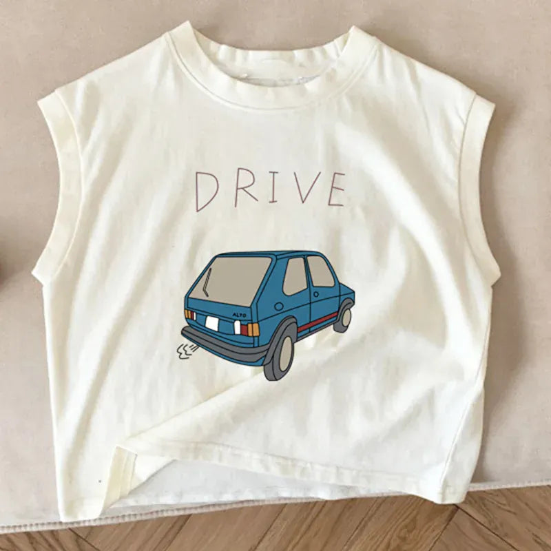タンクトップ・キャミソール・ノースリーブトップス White / 80cm キッズトップス ノースリーブTシャツ クラッシックカー レトロカー 車プリント 2カラー【mh0005842】