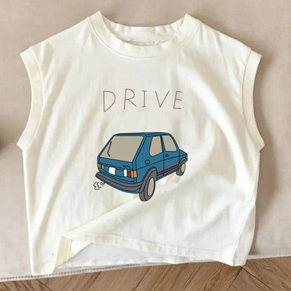 タンクトップ・キャミソール・ノースリーブトップス White / 80cm キッズトップス ノースリーブTシャツ クラッシックカー レトロカー 車プリント 2カラー【mh0005842】