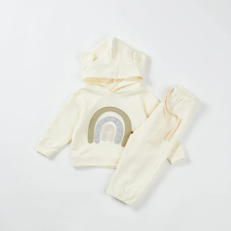 長袖セットアップ White / 9-12M 73cm ベビーキッズセットアップ 2点セット くま耳フーディレインボー刺繍スウェットシャツ+ロングパンツ 4カラー【mh0006949】