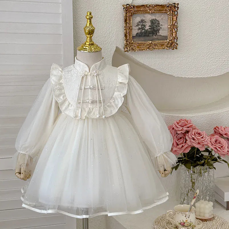 長袖ワンピース White / 90cm 1-2y キッズワンピース チュチュチュールレースチャイナボタン長袖ドレスワンピース【mh0007659】