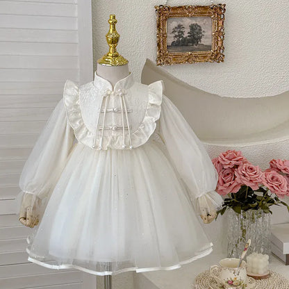 長袖ワンピース White / 90cm 1-2y キッズワンピース チュチュチュールレースチャイナボタン長袖ドレスワンピース【mh0007659】