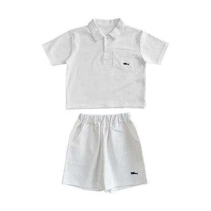 半袖セットアップ White / 90cm キッズセットアップ 2点セット 半袖ポロシャツ+ショートパンツ ワンポイント刺繍 3カラー【mh0006033】