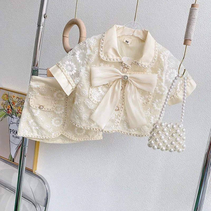 半袖セットアップ White / 90cm キッズセットアップ 2点セット サマースーツ 半袖レースリボンジャケット+タイトミニスカート お出かけ ホワイト【mh0006105】