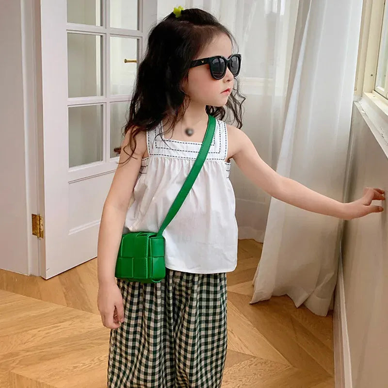 ノースリーブセットアップ White / 90cm キッズセットアップ 2点セット ノースリーブブラウス+クロップドパンツ チェック/水玉ドット【mh0006134】