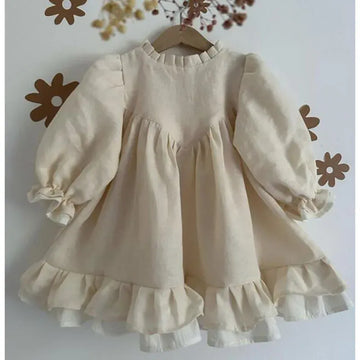 長袖ワンピース white / 90cm / 取り寄せ（3〜14日） ☺︎ キッズワンピース 長袖パフスリーブ コットンリネンドレス ボリュームフリル お出かけ