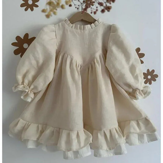 長袖ワンピース white / 90cm / 取り寄せ（3〜14日） ☺︎ キッズワンピース 長袖パフスリーブ コットンリネンドレス ボリュームフリル お出かけ
