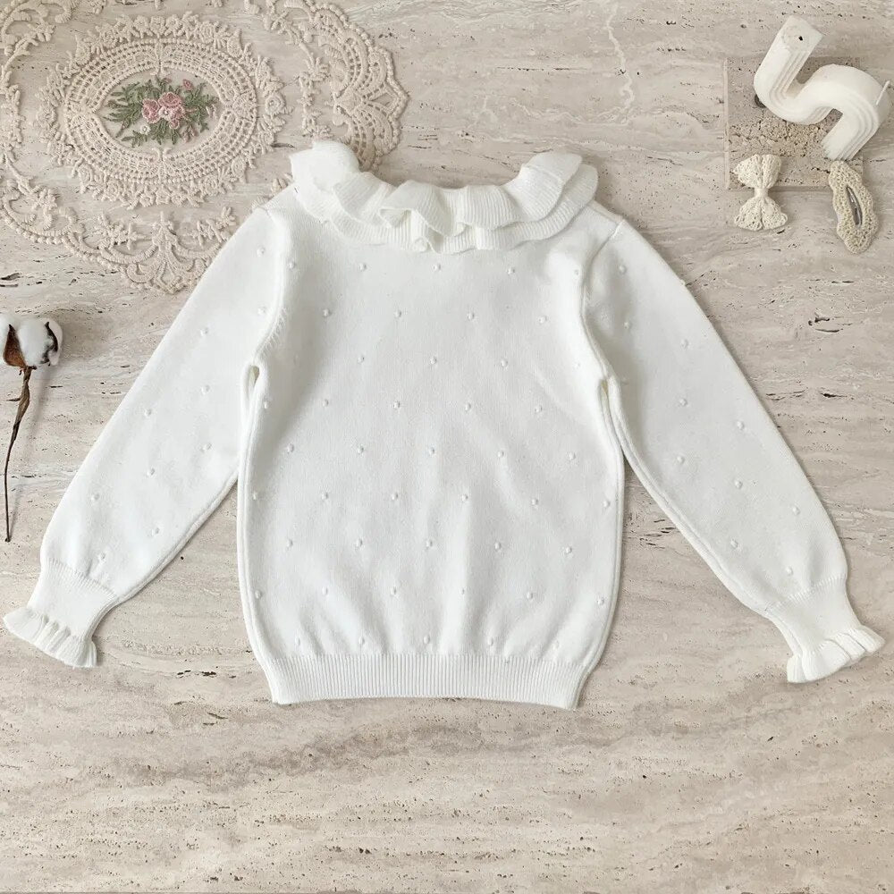 ニット・セーター White / 90cm キッズ 長袖カットソー ニット ダブルフリルカラー セーター トップス 4カラー ガールズ 女の子 子供服