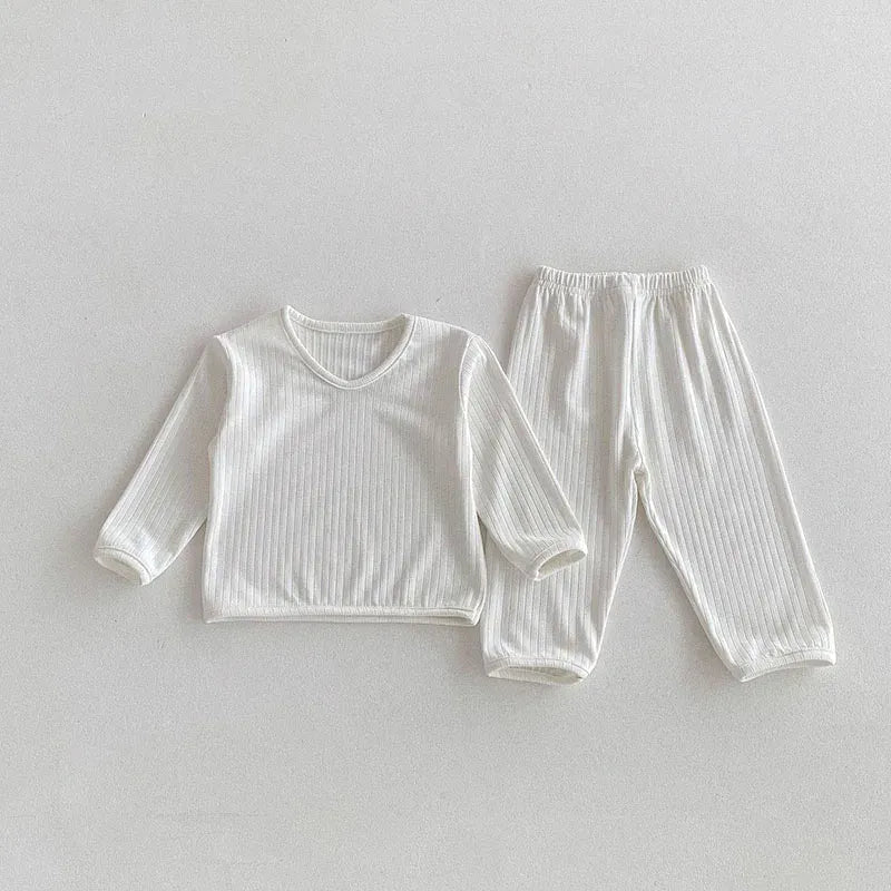 長袖パジャマ White / 9M 73cm ベビーセットアップ 2点セット 長袖パジャマセット Vネック長袖Tシャツ+ロングパンツ シンプルベーシック ルームウェア 3カラー【mh0006452】