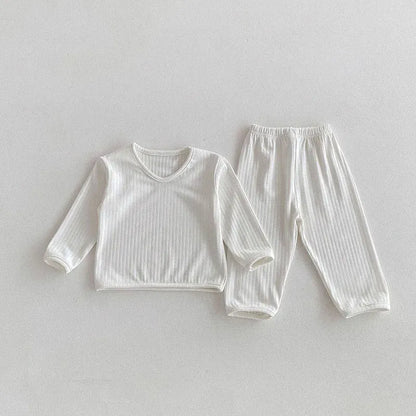 長袖パジャマ White / 9M 73cm ベビーセットアップ 2点セット 長袖パジャマセット Vネック長袖Tシャツ+ロングパンツ シンプルベーシック ルームウェア 3カラー【mh0006452】