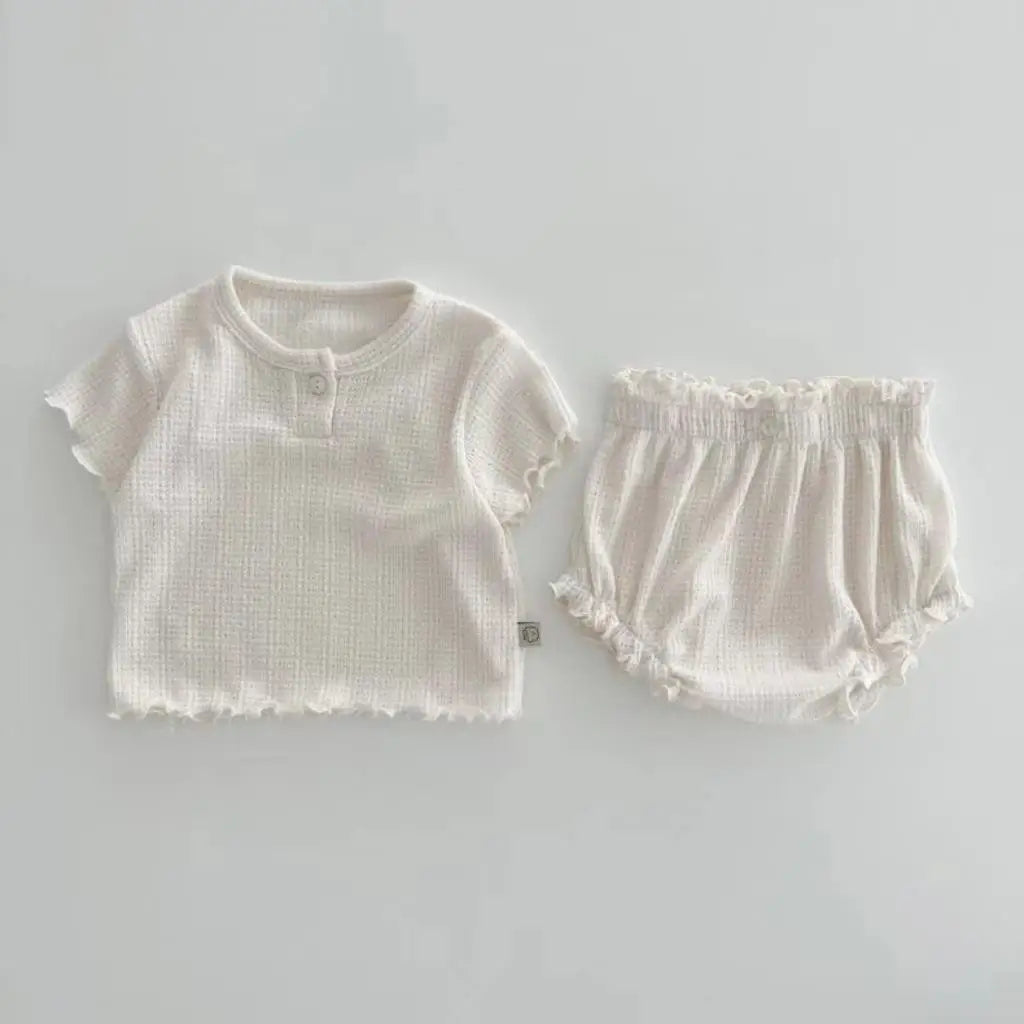 半袖セットアップ white beige / 9M  73cm ベビーセットアップ 2点セット 半袖Tシャツ+フリルブルマパンツ 3カラー