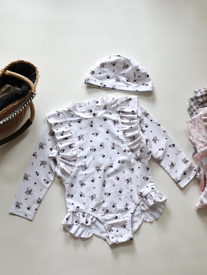 ベビー用水着 white floral / 80 ガールズ水着 長袖ワンピーススイムウェア ラッシュガード【mh0009336】
