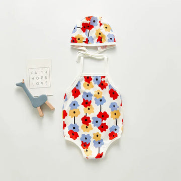 ベビー用水着 White flower / 66cm ベビー 水着 フラワー ワンピース 帽子セット【mh0000465】