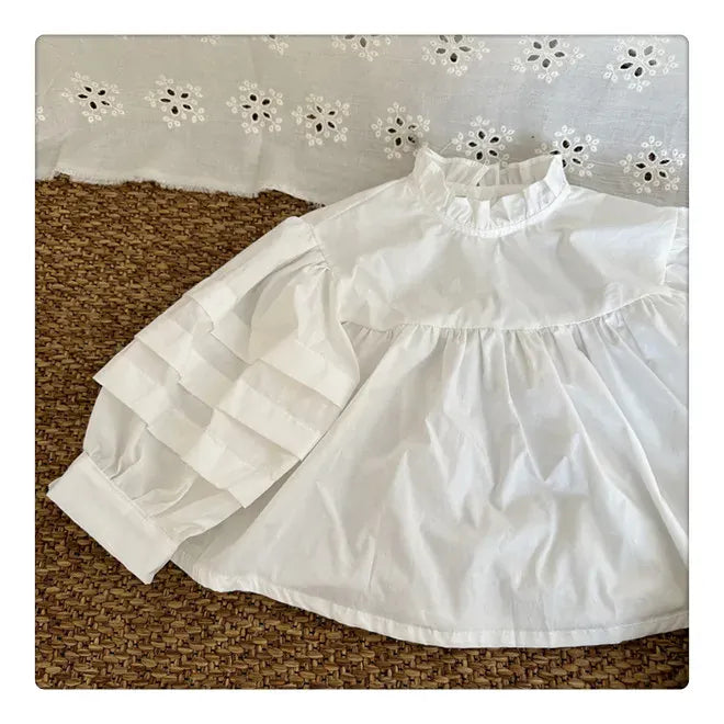 長袖シャツ・ブラウス white shirt / 80cm キッズトップス 長袖ブラウス フリルスタンドカラー ホワイト/ライトブルー/2カラー