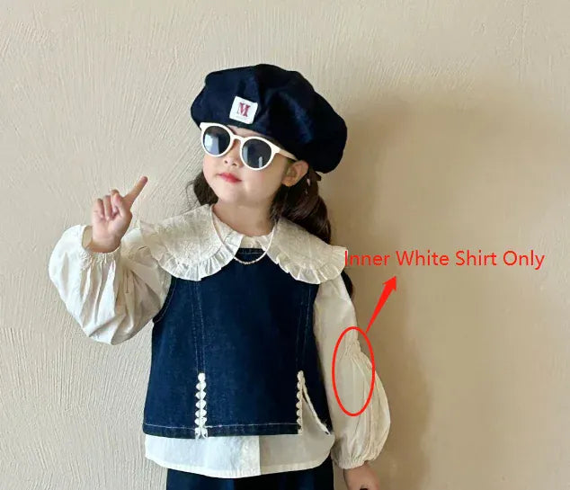 ノースリーブセットアップ white shirt / 90cm 1-2y キッズデニムセットアップ 2点セット/トップス デニムベスト+ワイドルーズパンツ/長袖ビッグ襟ブラウス