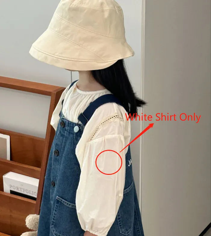 長袖セットアップ white shirt / 90cm 1-2y キッズトップス/ワンピース レース長袖ブラウス/デニムサスペンダージャンパースカートワンピース【mh0007657】