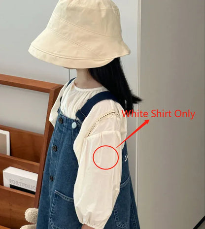 長袖セットアップ white shirt / 90cm 1-2y キッズトップス/ワンピース レース長袖ブラウス/デニムサスペンダージャンパースカートワンピース【mh0007657】