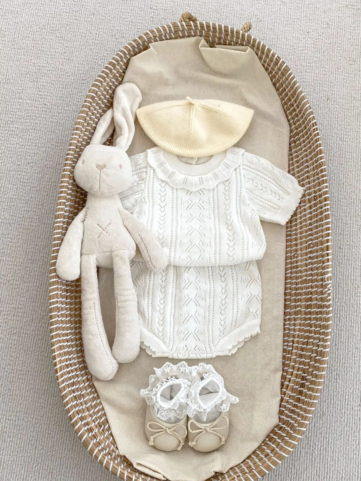 半袖セットアップ white suit / 6M  66cm ベビーセットアップ 2点セット レースニット 半袖ブラウス+ブルマパンツ 2カラー