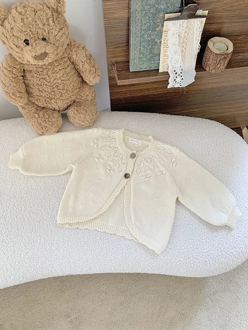 ノースリーブロンパース white sweater / 66cm ベビーニットロンパース カーディガン レースニットサスペンダーロンパース ニットカーディガン 2カラー