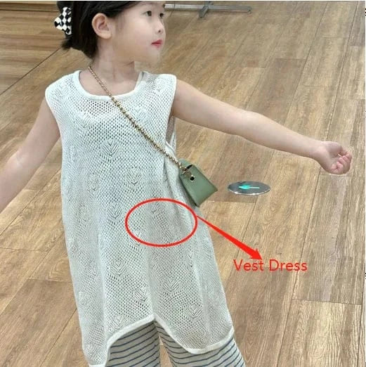 ノースリーブワンピース white vest dress / 90cm 1-2y キッズワンピース ノースリーブ ニットメッシュネット 重ね着 オーバーワンピース ベージュ