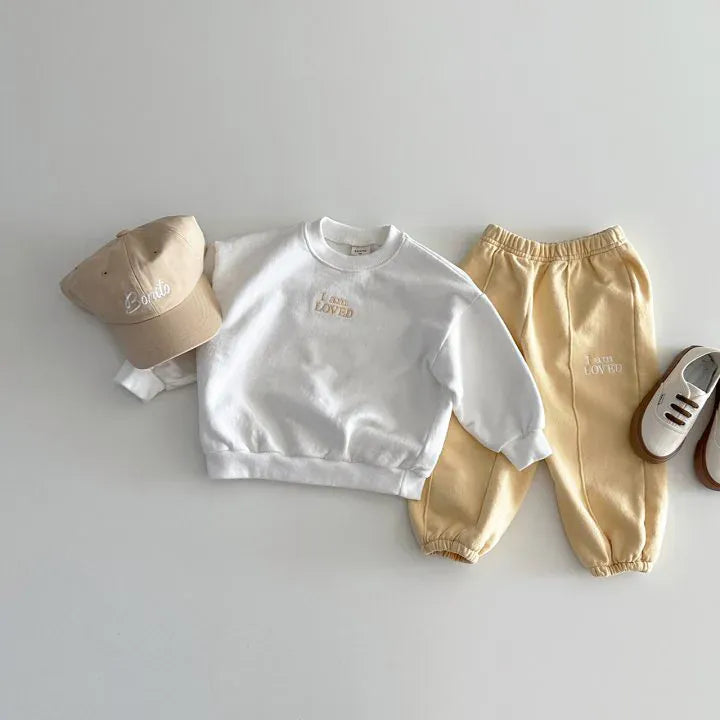 長袖セットアップ white yellow / 12M  80cm キッズセットアップ 2点セット スウェットシャツ+スウェットパンツ レターロゴ刺繍 3カラー