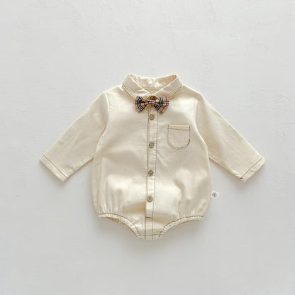 長袖ロンパース チェック柄蝶ネクタイ付き長袖ロンパースYシャツ風ベビーフォーマル【mh0010920】