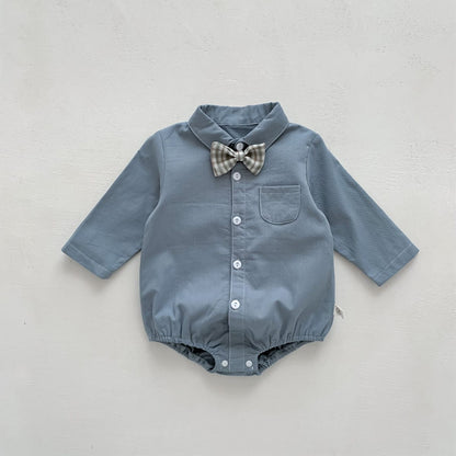 長袖ロンパース チェック柄蝶ネクタイ付き長袖ロンパースYシャツ風ベビーフォーマル【mh0010920】