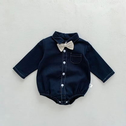 長袖ロンパース チェック柄蝶ネクタイ付き長袖ロンパースYシャツ風ベビーフォーマル【mh0010920】