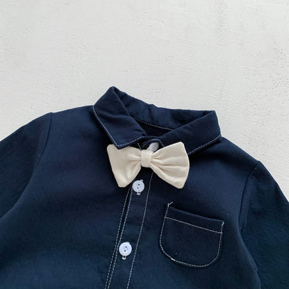 長袖ロンパース チェック柄蝶ネクタイ付き長袖ロンパースYシャツ風ベビーフォーマル【mh0010920】