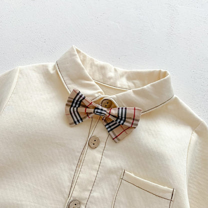 長袖ロンパース チェック柄蝶ネクタイ付き長袖ロンパースYシャツ風ベビーフォーマル【mh0010920】