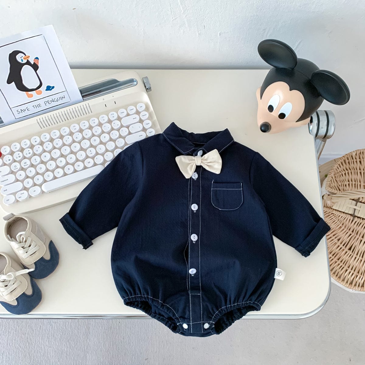 長袖ロンパース チェック柄蝶ネクタイ付き長袖ロンパースYシャツ風ベビーフォーマル【mh0010920】