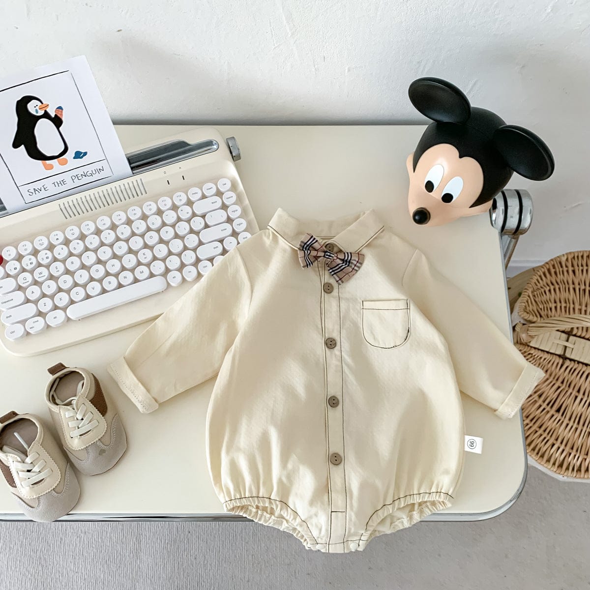 長袖ロンパース チェック柄蝶ネクタイ付き長袖ロンパースYシャツ風ベビーフォーマル【mh0010920】